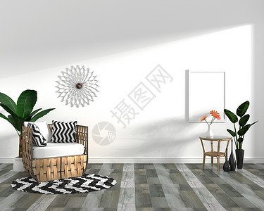 深木瓷砖地板和白色背景的深木瓷砖地板上的热带设计轮椅植树和煤网3d图片