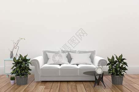 白色客厅室内空墙上布有沙发湿润和植物3D图片