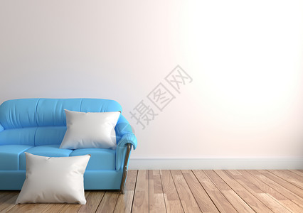 内有蓝色沙发和枕头的室内起居客厅面上白色空墙壁背景的木地板3D图片