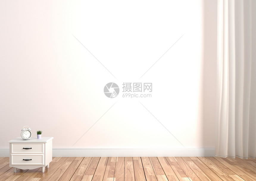 壁橱上空白墙背景的木地板上安装时钟和3D图片