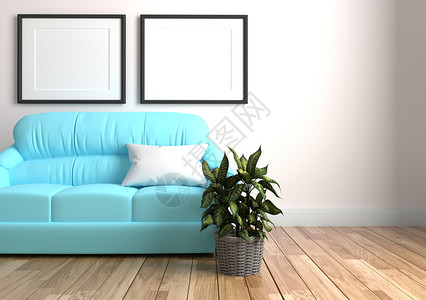 内衣客厅有白枕头蓝色沙发和两层的白色空壁背景的木地板3D图片