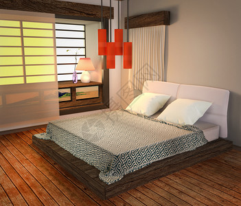 卧室内日式的本白色墙壁背景的木地板3D图片