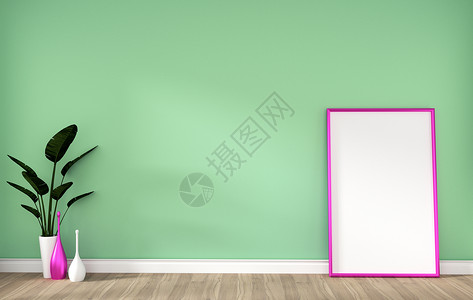 房间空有粉红框架硬木地板和绿墙3D背景图片
