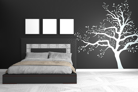 黑现代房间黑墙图形概念卧室黑墙和白地板图片