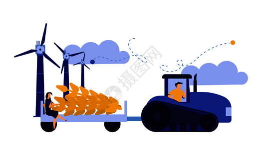 拖拉机和风车农作物插画图片