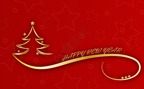 新年红底新年快乐金色的圣诞树红底有星和大浪线插画