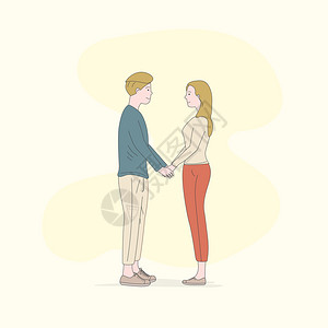 握着手机手年轻微笑的情侣在站立时握着手浪漫的情侣有着幸福和快乐的美好时光插画
