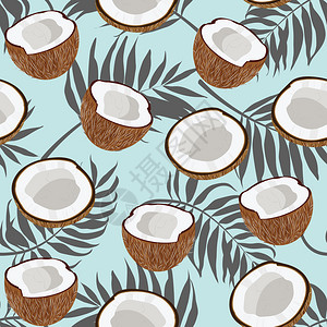 椰子脆片蓝背景的无缝椰子片和棕榈叶矢量说明插画