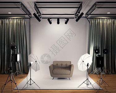 大型演播室现代电影制片室有白色屏幕3D图片