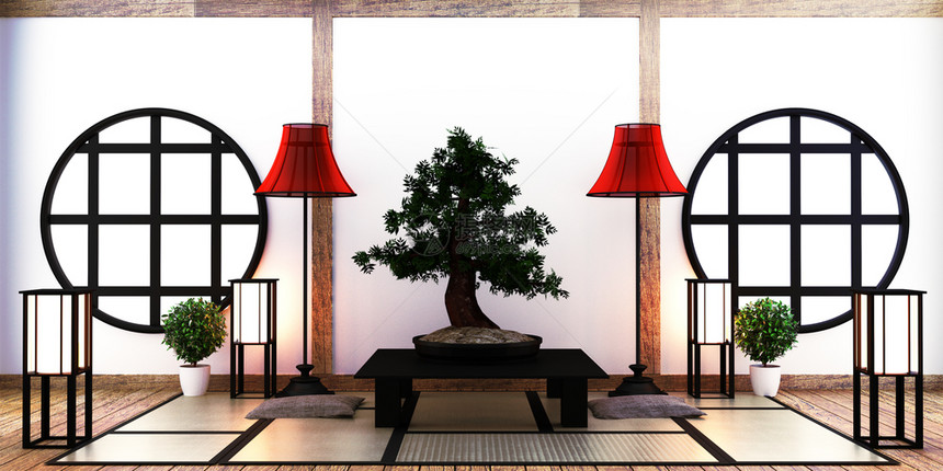 日本客厅有灯框架黑色低层桌和圆在Tatmi垫子上白色的墙壁有灯架子黑色低层桌和长毯图片