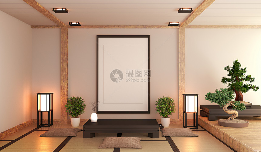 日本客厅有灯框架黑色低层桌和圆在Tatmi垫子上白色的墙壁有灯架子黑色低层桌和长毯图片