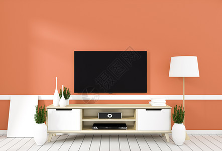 橙色现代房间的电视柜子最小设计zen风格3D图片