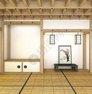 现代客厅的大型室内设计黑色低桌滑板花瓶和装饰式的日本人3D图片