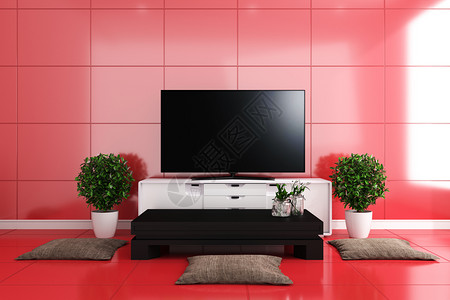 现代客厅的电视红瓷砖设计多彩3D图片