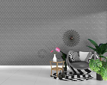3d纹身素材室内现代客厅装有手椅饰和绿色植物以六边灰色瓷砖纹身壁背景最小设计3D背景