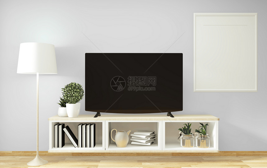 模拟tv柜子以最起码的室内设计和装饰式的日本风格3d显示图片