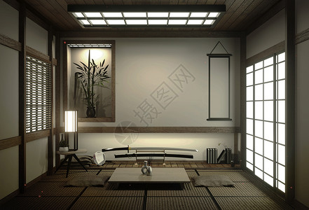 配有塔米垫底和装饰雅潘式的室设计时用日本式的3d高清图片