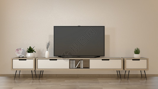 TV电视在zen客厅上使用最小节奏风格的智能tv模型3D翻譯背景