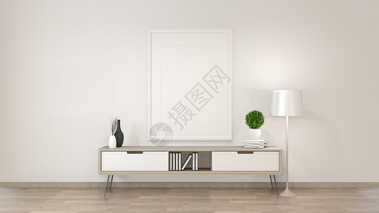 白色墙壁背景的zen客厅的模拟柜子3d翻譯图片
