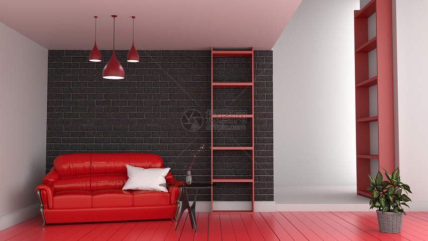 现代红内室房带有沙发的客厅和地板黑砖墙3d图片