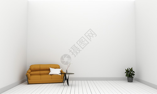 白色空墙上黄织物沙发和植3d图片