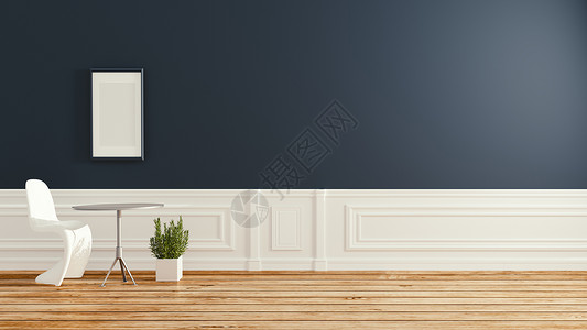 现代客厅内装有木地板和深蓝墙的椅子现代客厅室内背景图片