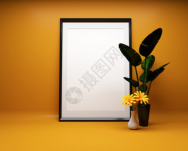 橙色背景的白图片框植物模拟3D翻譯图片