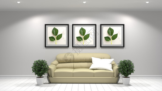 室内墙壁装有现代沙发绿色植物和白墙背景的绿色植物和框架背景图片