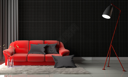 挂着红沙发和地毯的客厅墙壁上黑色马赛克黑色图片