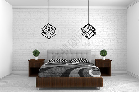 白色地板和墙底壁空房等现代室内设计中的漂亮卧室3D图片