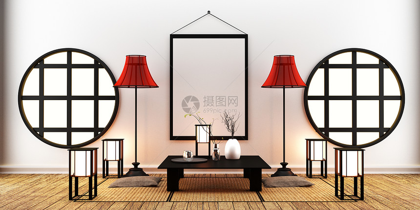 日本风格的房间设计三维渲染图片