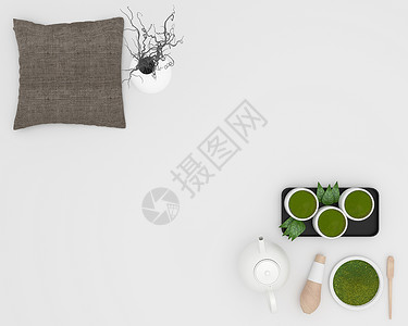 白色背景的绿红茶竹胡须勺子和茶粉3D图片