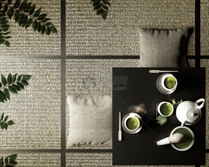 茶叶竹胡须勺子和茶粉在塔米垫上低桌的绿色配青茶勺子和粉图片