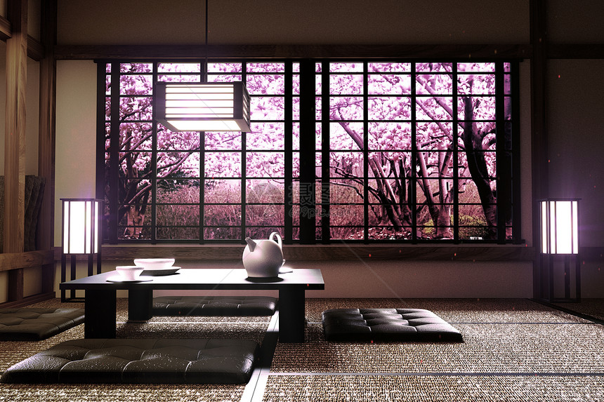 以zen风格在室内的sakur树窗视图3D翻譯图片
