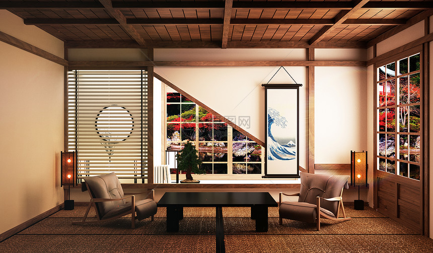 漂亮的客厅桌子低椅布赛树和装饰日本风格的装饰和观赏森林图片