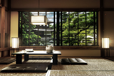 室内设计现代客厅有桌子滑板塔米地日本风格3D背景图片
