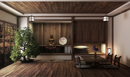 日式房间京都禅宗风格三维渲染背景图片