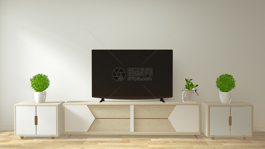 模拟tv柜子以最起码的室内设计和装饰式的日本风格3d显示图片