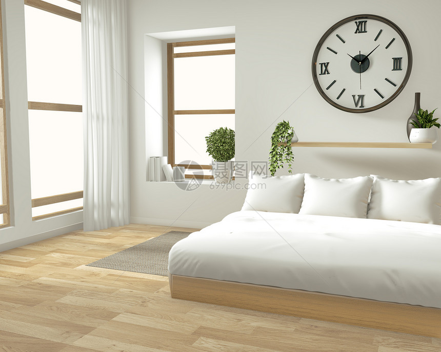 内墙用木制床窗帘和装饰的日本风格在zen卧室的最起码设计中图片