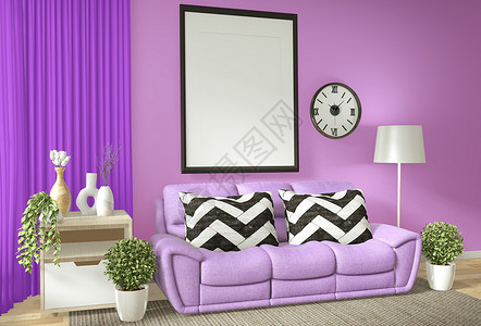室内海报框架用紫墙和白色沙发模拟客厅图片