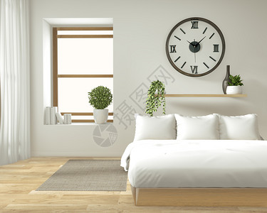 内墙用木制床窗帘和装饰的日本风格在zen卧室的最起码设计中背景图片