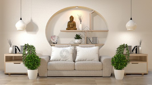 架墙上的内装饰用沙发和白3d的枕头制成沙发和枕头制成白色3d图片