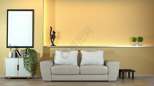在黄色墙壁设计上有沙发和绿色植物的现代正坚内饰绿色植物挂灯装饰日本风格的黄色墙壁设计隐藏着光亮3D背景图片
