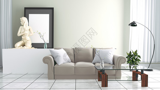 现代沙发客厅有雕像和灰色墙面的空壁底3D背景图片