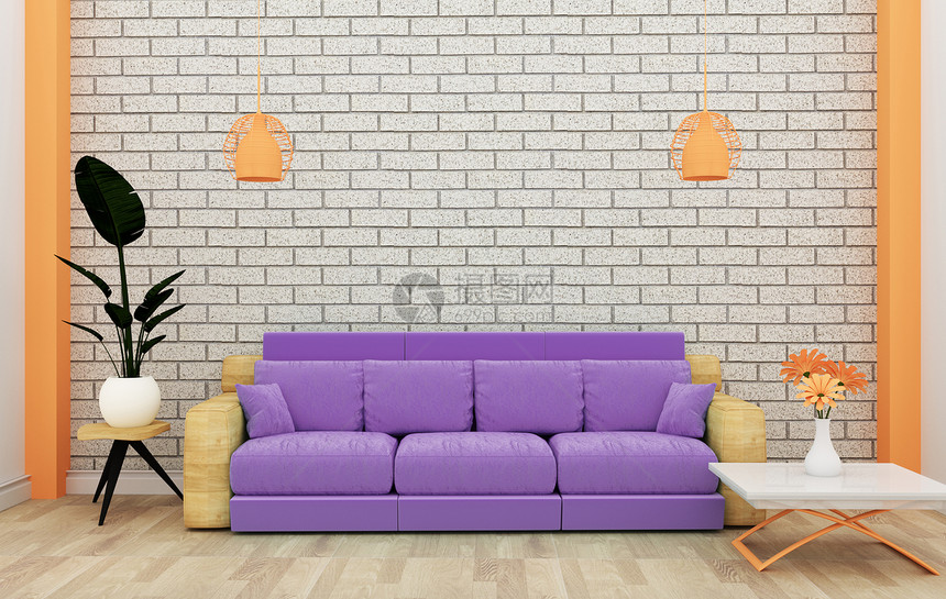 在木制地板3d上用沙发装饰墙和白砖模拟室内阁楼图片