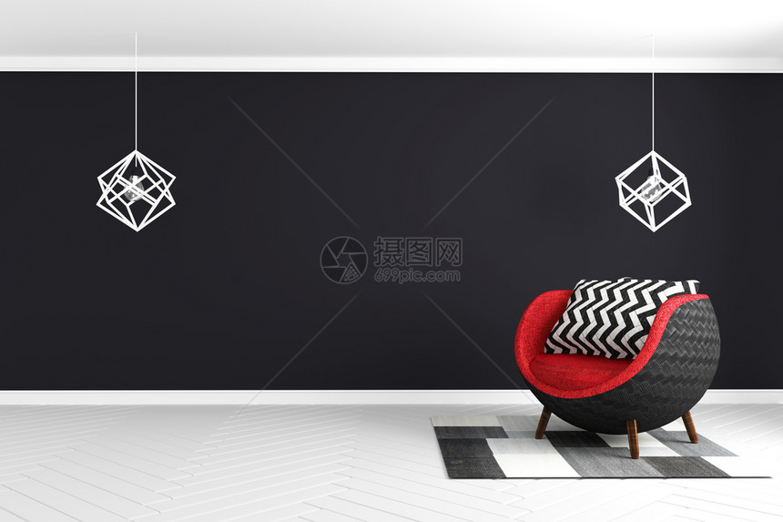 白色灰地板上黑墙背景有红臂椅灯和地毯现代风格3d图片
