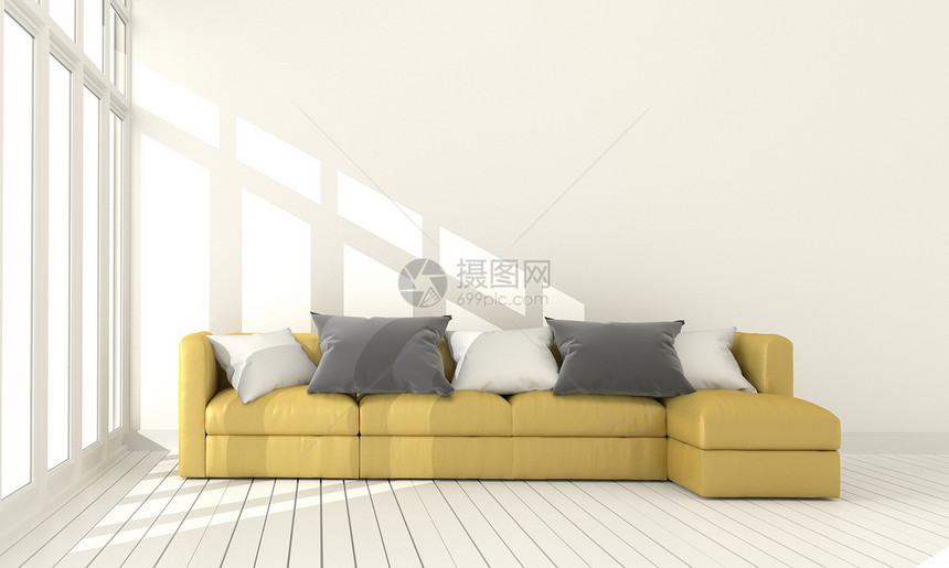 白色空墙壁上黄织物沙发背景3d图片