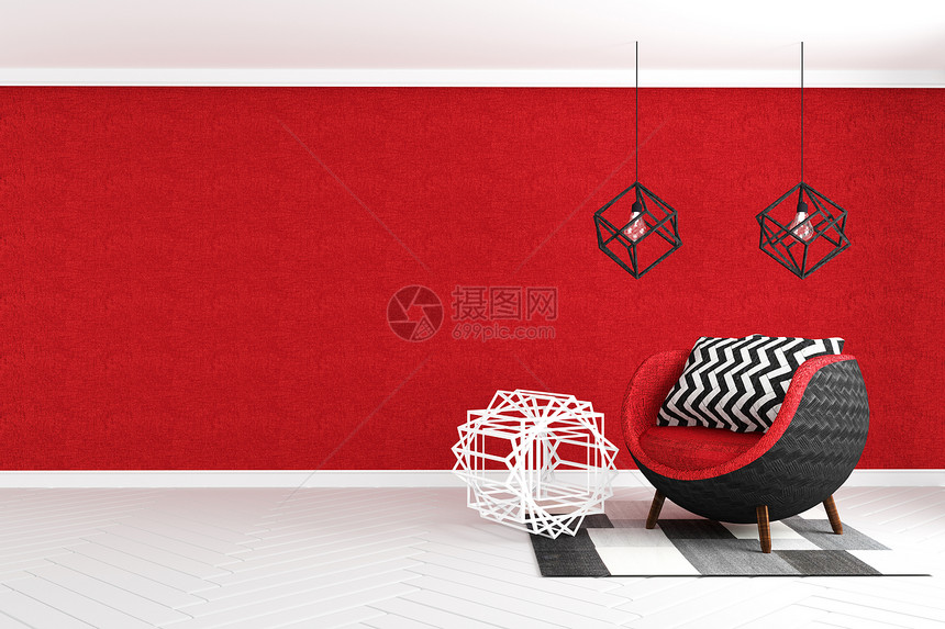 内室客厅有天鹅绒手椅红色墙背景3D图片