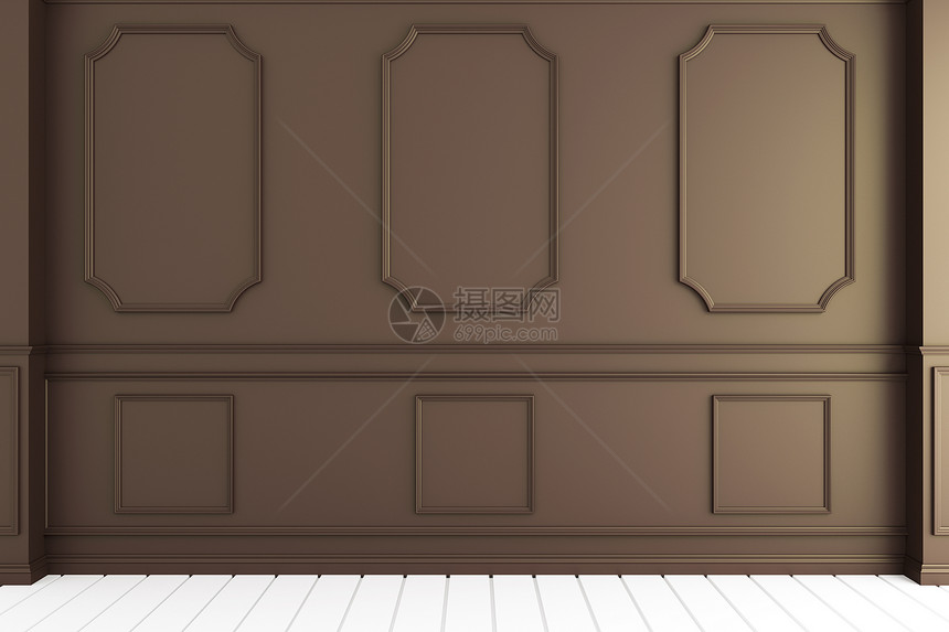 白色木地板上装有壁模设计的空豪华房室内3D图片