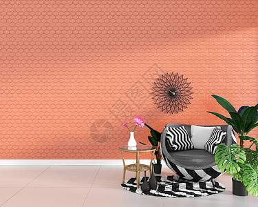 3d纹身素材内置现代起居室内置有手椅装饰和绿色植物以六边橙色瓷砖纹身壁背景最小设计3D背景